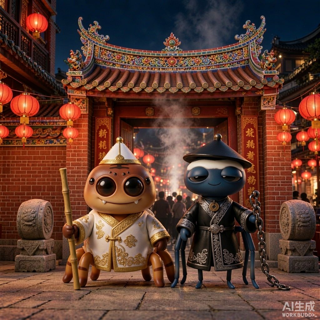 蝇虎与旯犽立于潮汕庙口门楼前